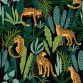 Vestor seamless pattern with leopards and tropical leaves.