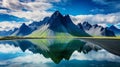 Vestrahorn (Batman Mountain) reflected in calm waters of Atlantic ocean Royalty Free Stock Photo