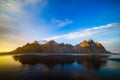 Vestrahorn mountain with black volcanic lava sand dunes at sunset, Stokksnes, Iceland