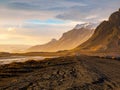 Vestrahorn mountain with black volcanic lava sand dunes at sunset, Stokksnes, Iceland Royalty Free Stock Photo