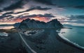 Vestrahorn mountain and dramatic sky over black sand beach on summer at Iceland Royalty Free Stock Photo
