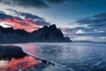 Vestrahorn mountain and dramatic sky over black sand beach in summer at Iceland Royalty Free Stock Photo