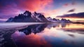 Vestrahorn mountaine on Stokksnes cape in Iceland during sunset. Amazing Iceland nature seascape. popular tourist attraction. Best