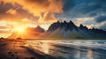 Vestrahorn mountaine on Stokksnes cape in Iceland during sunset. Amazing Iceland nature seascape. popular tourist attraction. Best