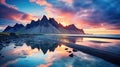 Vestrahorn mountaine on Stokksnes cape in Iceland during sunset. Amazing Iceland nature seascape. popular tourist attraction. Best