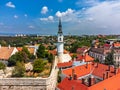 Veszprem, Hungary - Aerial view of Fire-watch tower at Ovaros square, castle district of Veszprem with St Margaret\'s Church Royalty Free Stock Photo