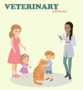 Vet clinic. The doctor prescribes a prescription for the treatment of a red cat. The family is happy with the animal s