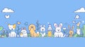 Vet clinic doodle concept with doctor, pet dog, cat, or hare, outline icons. Home animals medicine care, veterinary Royalty Free Stock Photo