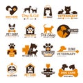 Vet clinic logo. Pets shop cats dogs domestic animals protection friendly funny symbols vector collection