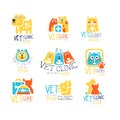 Vet clinic original label design, colorful hand drawn vector Illustrations