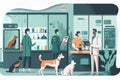 Vet clinic. People with animals visit a pet clinic. Image created with Generative AI technology