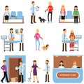 Vet clinic set, veterinary doctors examining dogs and cats, people visiting vet clinic with their pets cartoon vector