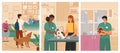 Vet clinic vector illustration set. People with pets visit veterinarian clinic. Veterinary doctor examining dog and cat