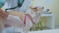 Vet examine the dog with stethoscope in veterinary clinic.