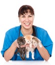 Vet holds three kittens. isolated on white background