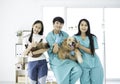 Vet and owner showing thumbs up. Owner and veterinary holding cute Golden Retriever dog showing like