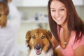 Vet portrait, dog and happy woman, owner or client for medical help, wellness healing services or animal healthcare