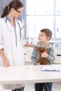 Vet and smiling kid with pet rabbit Royalty Free Stock Photo