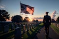 Veteran cemetery and U.S. flag illustration with officer. Military Appreciation Holidays concept Royalty Free Stock Photo