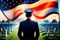 Veteran cemetery and U.S. flag illustration with officer. Military Appreciation Holidays concept Royalty Free Stock Photo