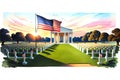 Veteran cemetery and U.S. flag illustration with officer. Military Appreciation Holidays concept Royalty Free Stock Photo