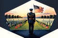 Veteran cemetery and U.S. flag illustration with officer. Military Appreciation Holidays concept Royalty Free Stock Photo