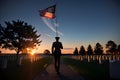 Veteran cemetery and U.S. flag illustration with officer. Military Appreciation Holidays concept Royalty Free Stock Photo