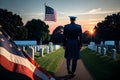 Veteran cemetery and U.S. flag illustration with officer. Military Appreciation Holidays concept Royalty Free Stock Photo