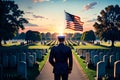 Veteran cemetery and U.S. flag illustration with officer. Military Appreciation Holidays concept Royalty Free Stock Photo