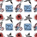 Veteran`s Day seamless pattern. Holiday vector background with patriotic symbols, american flag, soldier, eagle, red poppies Royalty Free Stock Photo