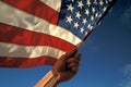 Veteran\'s hand holding an American flag, with a backdrop of a clear blue sky, representing patriotism and honor.