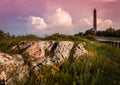 Veteran`s Monument marks the top of NJ, with a stormy sunset in High Point State Park, Royalty Free Stock Photo