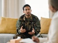 Veteran, talking and therapist for military support in therapy, consultation and listen to mental health, trauma or war Royalty Free Stock Photo