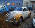 Vintage oldtimer veteran old classic retro car white and yellow VW Beetle parked Royalty Free Stock Photo