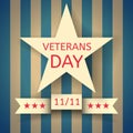 Veterans Day banner with a white star and a ribbon with the date November 11 on the background with blue and white stripes