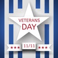 Veterans Day banner with a white star and a ribbon with the date November 11 on the background with blue and white stripes