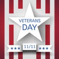 Veterans Day banner with a white star and a ribbon with the date November 11 on the background with red and white stripes