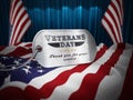 Veterans Day dogtag standing on American flag. 3D illustration