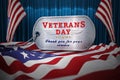 Veterans Day dogtag standing on American flag. 3D illustration