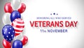 Veterans day greeting card design with patriotic balloons. 11th November. Honoring all who served. - Vector Royalty Free Stock Photo