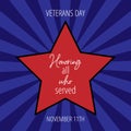 Veterans Day greeting card with red star on the striped blue background Royalty Free Stock Photo