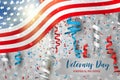 Veterans Day. Honoring all who served. American flag cover. USA National holiday design concept with falling ringlets and confetti Royalty Free Stock Photo