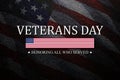 Veterans Day Honoring All Who Served inscription on black textured background with USA flag. American holiday poster. Royalty Free Stock Photo