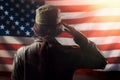 Veterans Day, Memorial Day, Independence Day. A female soldier saluting against the background of the American flag. Back view. Royalty Free Stock Photo