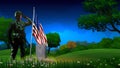 Veterans Day, Memorial Day, Independence Day or Patriot Day background. Soldiers saluting the USA flag at Burial landscape vector
