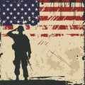 Veterans day poster. Military Man Saluting Us Flag.Silhouette of soldier Royalty Free Stock Photo