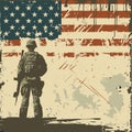 Veterans day poster. Military Man Saluting Us Flag.Silhouette of soldier Royalty Free Stock Photo