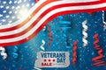 Veterans Day sale. Honoring all who served. American flag cover. USA National holiday design concept. Blue and red falling celebra Royalty Free Stock Photo