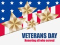 Veterans Day 11th of November. Honoring all who served. Greeting card with red and blue stripes with stars. Gold stars Royalty Free Stock Photo