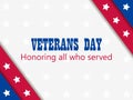 Veterans Day 11th of November. Honoring all who served. Greeting card with red and blue stripes with stars. A layer with a shadow Royalty Free Stock Photo